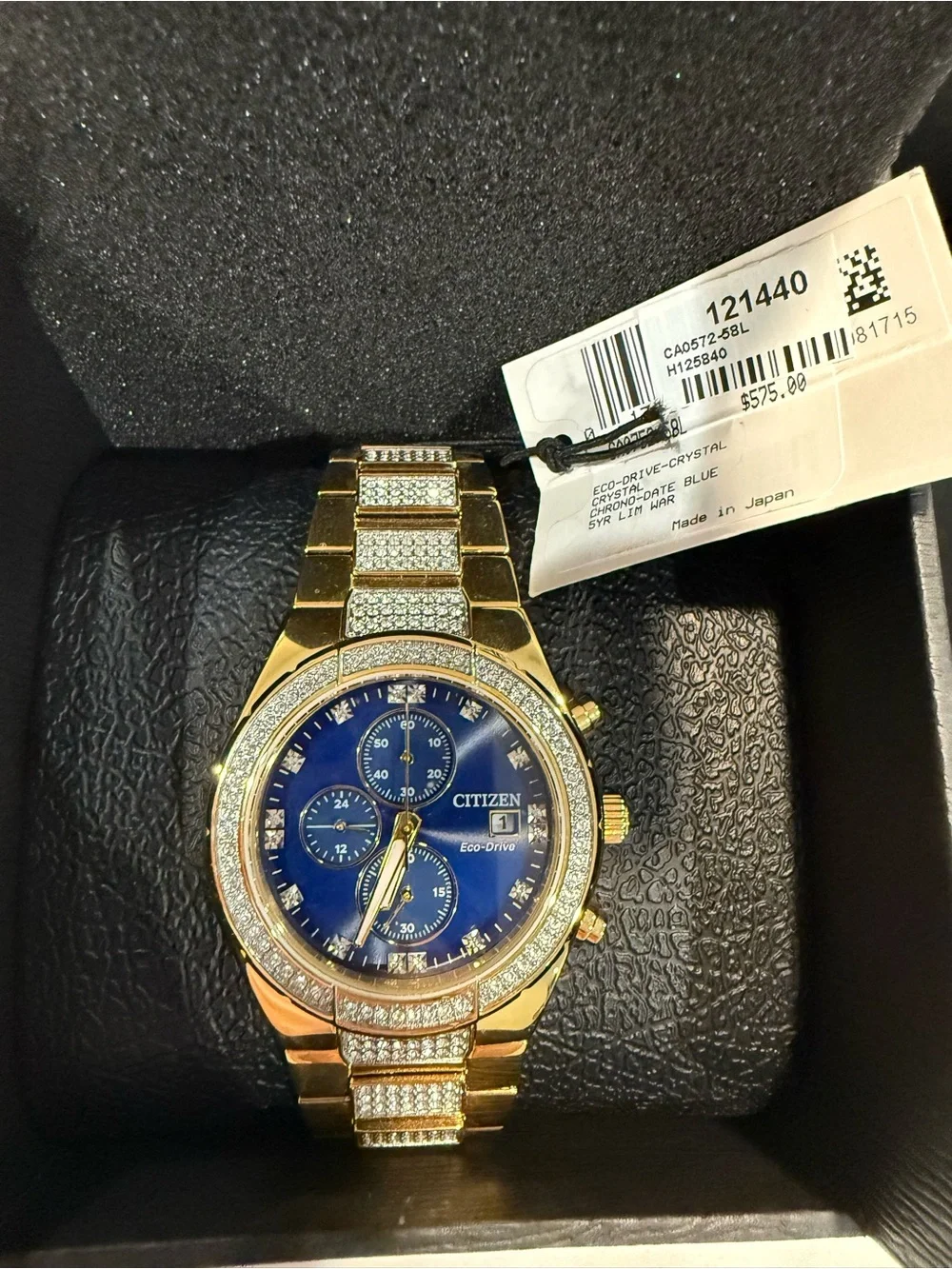 Citizens Eco-Drive Chronograph Watch with Blue Dial and Crystal Accents NIB Mens
